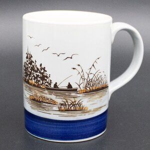 Vintage Blue & Brown Stoneware Mug w/ Fishermen in Rowboat Reedy Marsh Fishing